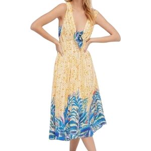 Yellow and Blue Tropical Printed V-Neck Midi Dress